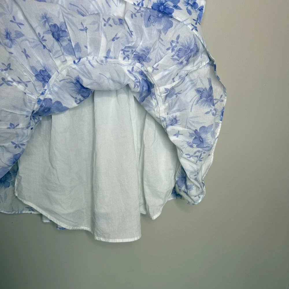 LoveShackFancy Womens XL Floral Mini Dress Blue White Ruffle Cotton